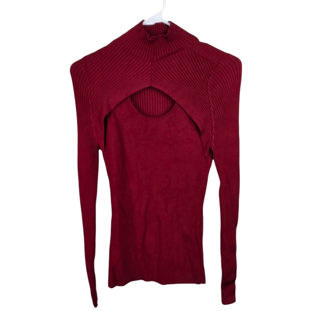 White House Black Market Cutout Top Women M Burgundy Good Ribbed Mock Neck
